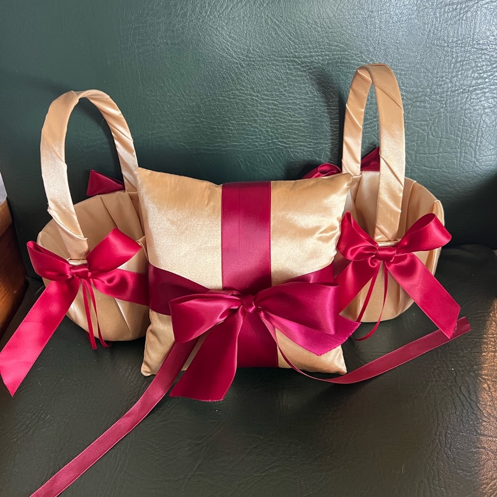 Burgundy and gold flower girl baskets and ring bearer pillow